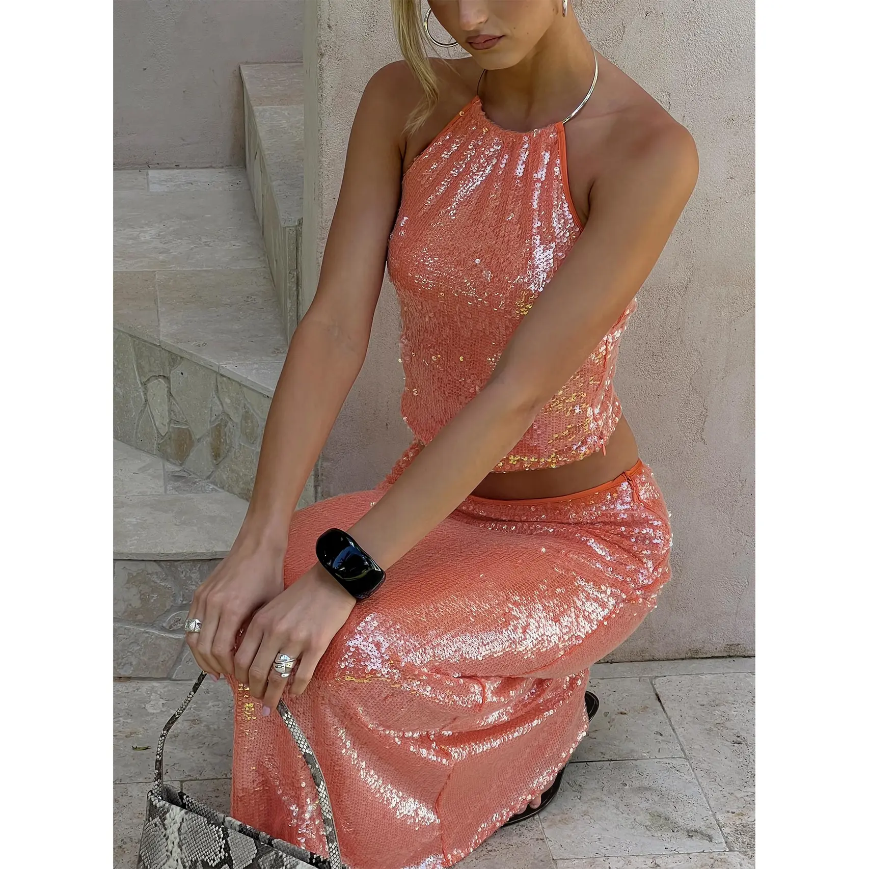 Emalia Halter Sheer Sequin Top Orange