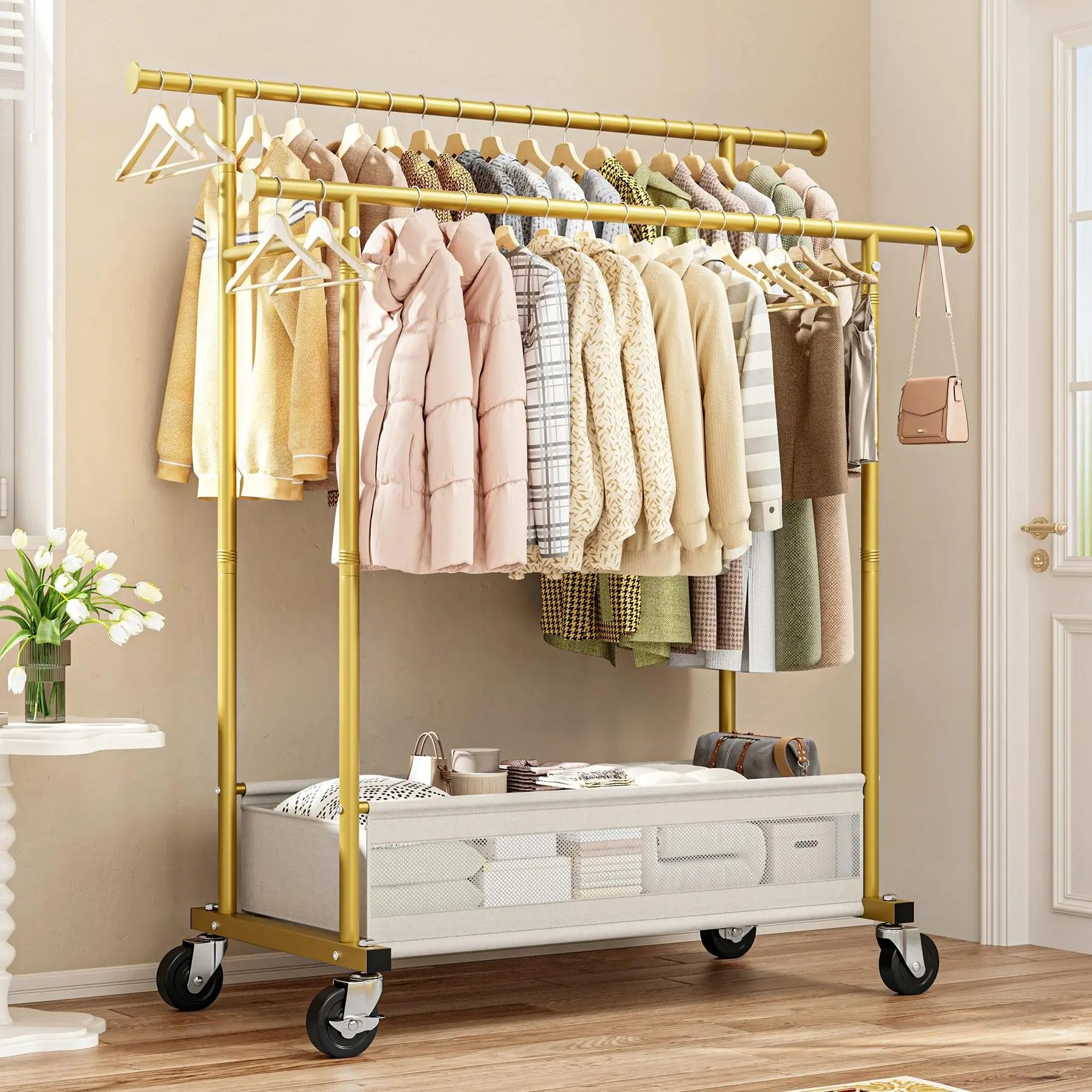 Raybee Double Hanging Rod Clothes Rack with Net Pockets, 3 in 1 Metal Clothing Rack with Wheels, Portable Rolling Garment Rack, Closet Rack for Bedroom, Apartment, Laundry Room, Bantique, Gold, Black, White