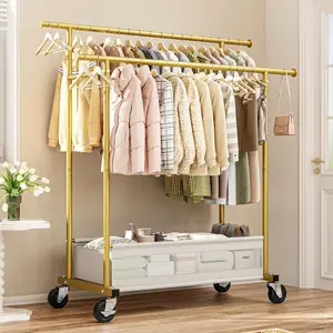 Raybee Double Hanging Rod Clothes Rack with Net Pockets, 3 in 1 Metal Clothing Rack with Wheels, Portable Rolling Garment Rack, Closet Rack for Bedroom, Apartment, Laundry Room, Bantique, Gold, Black, White