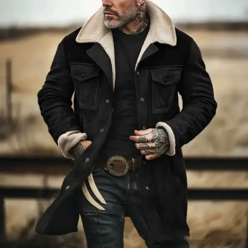 sherpa lined suede coat、shearling collar jacket、western cowboy coat、vintage biker trench、thermal winter outerwear、faux suede long jacket、retro streetwear、cold resistant fleece coat
