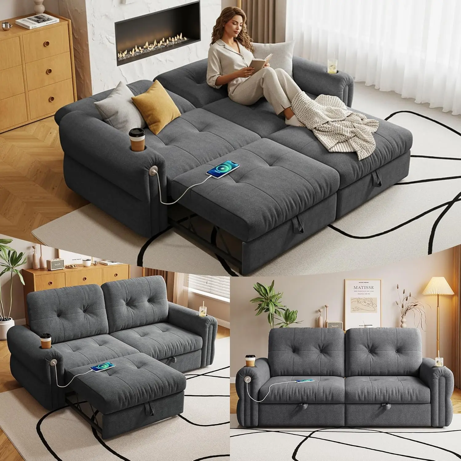 77" Queen Size Sofa Bed, Loveseat Sleeper Sofa with Pull Out Bed and USB, 2 Seater Convertible Small Couch for Living Room Bedroom Apartment