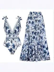 Women's Floral Print One-Piece Swimsuit Beach Dress Set, Slim-Fitting Bodycon Fashion Swimwear, Floral Swimsuits, Casual All Seasons Bathing Suit