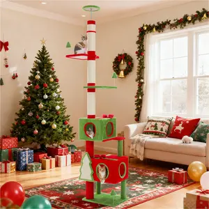 Christmas Cat Tree, Adjustable Height 83-108'' Floor to Ceiling Cat Tower with 3 Large Condos, Cozy Hammock, Thick Scratching Posts