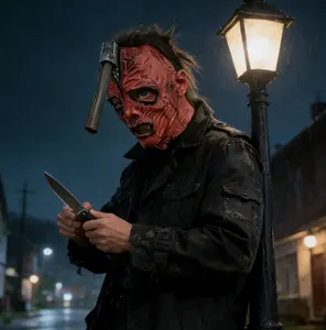 Michael Myers mask，Bloody Hammer Horror Latex Mask, Scary Wounded Headgear with Embedded Metal Hammer, Soft Breathable Natural Latex for Adults, Ideal for Halloween Cosplay, Haunted Houses & Horror Themed Events