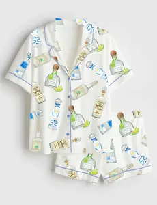 Women’s Tequila Bottle Watercolor Bar Cart Art Print Short Sleeve Silk Satin Pajama Set Soft Sleepwear