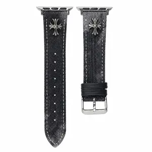 Vintage Cross Smart Watch Band, Black Washed Denim Style Replacement Strap with Metal Cross Accent, Contrast Stitching, Adjustable Buckle Wristband for Men Women, Compatible with 38/40/41/42/44/45/49mm Smart Watches