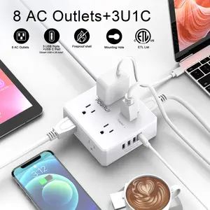 [12-IN-1]Surge Protector Power Strip - 6 Ft Flat Plug Extension Cord with 8 Widely Outlets and 4 USB Ports(1 USB C), 3 Side Outlet Extender for Home Office, White, ETL Listed plug - shop tech,  regleta eléctrica – alargador – enchufe – tienda tech