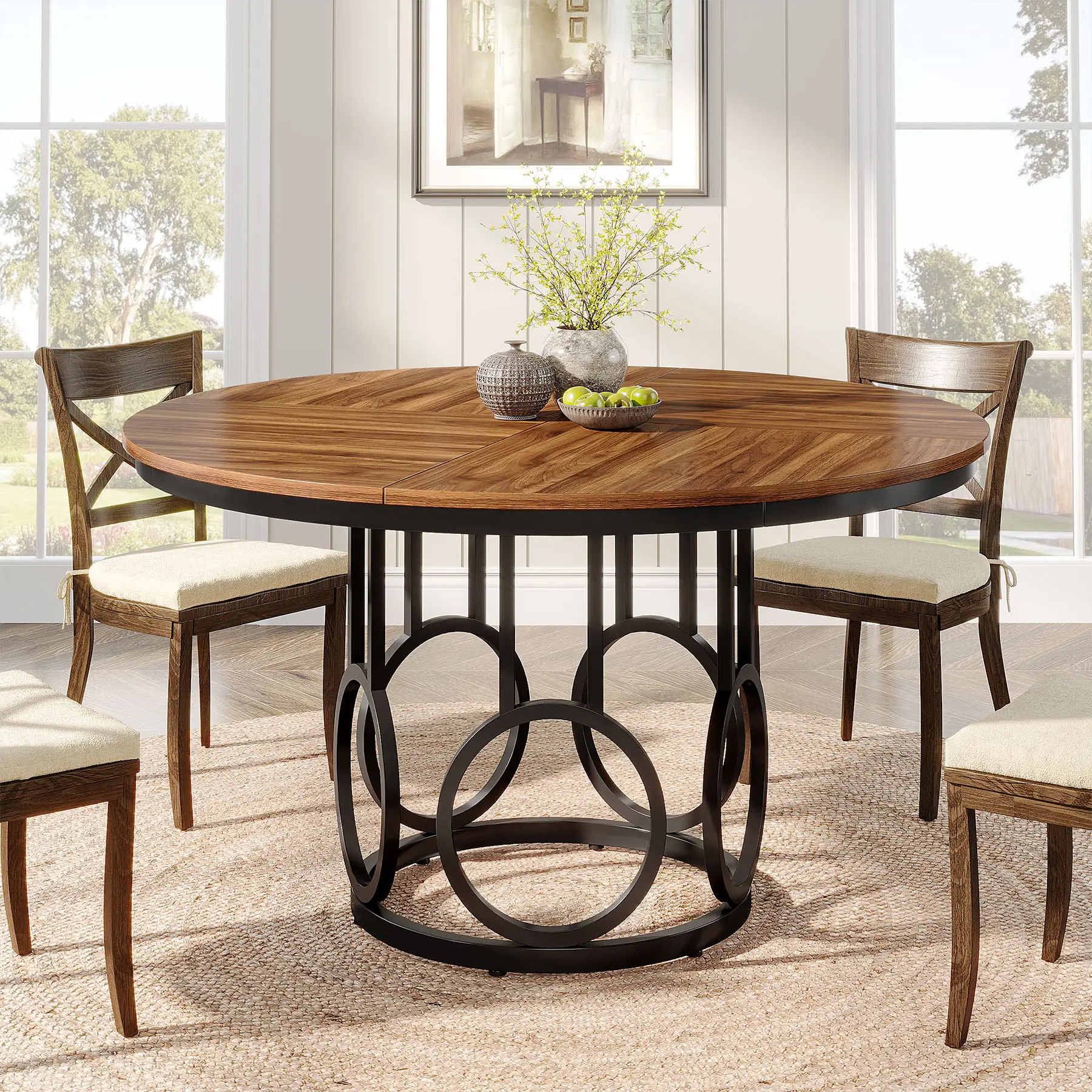 Tribesigns Round Dining Table for 4-6 People, 47-Inch Circle Kitchen Table Large Dining Room Table with Sturdy Metal Base, Wood Dinner Table for Dinin