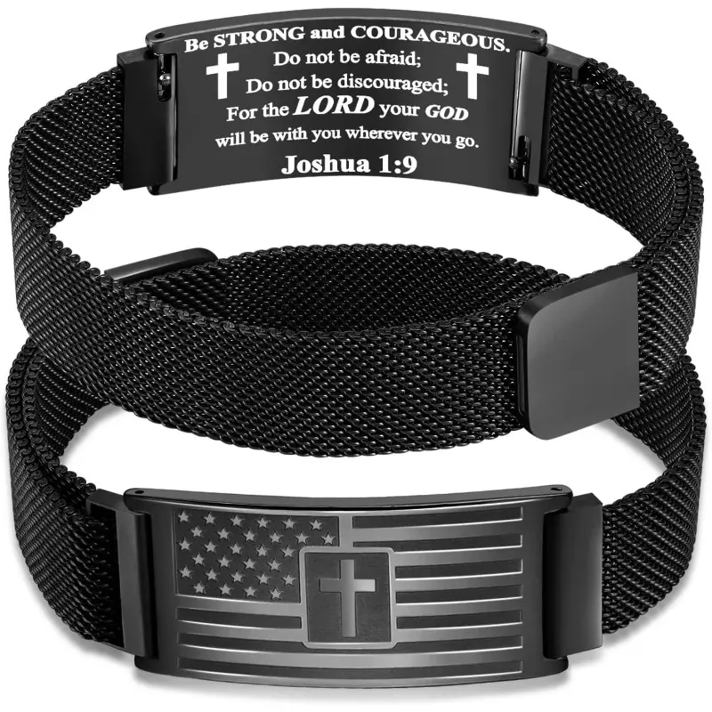 Men's Stainless Steel Cross Design Bangle - Adjustable Size Patriotic American Flag Cuff with Engraved Bible Verse, Metallic Emblem, Independence Day Motif, Birthday Religious Gift for Dads, Daily Wear Bracelet