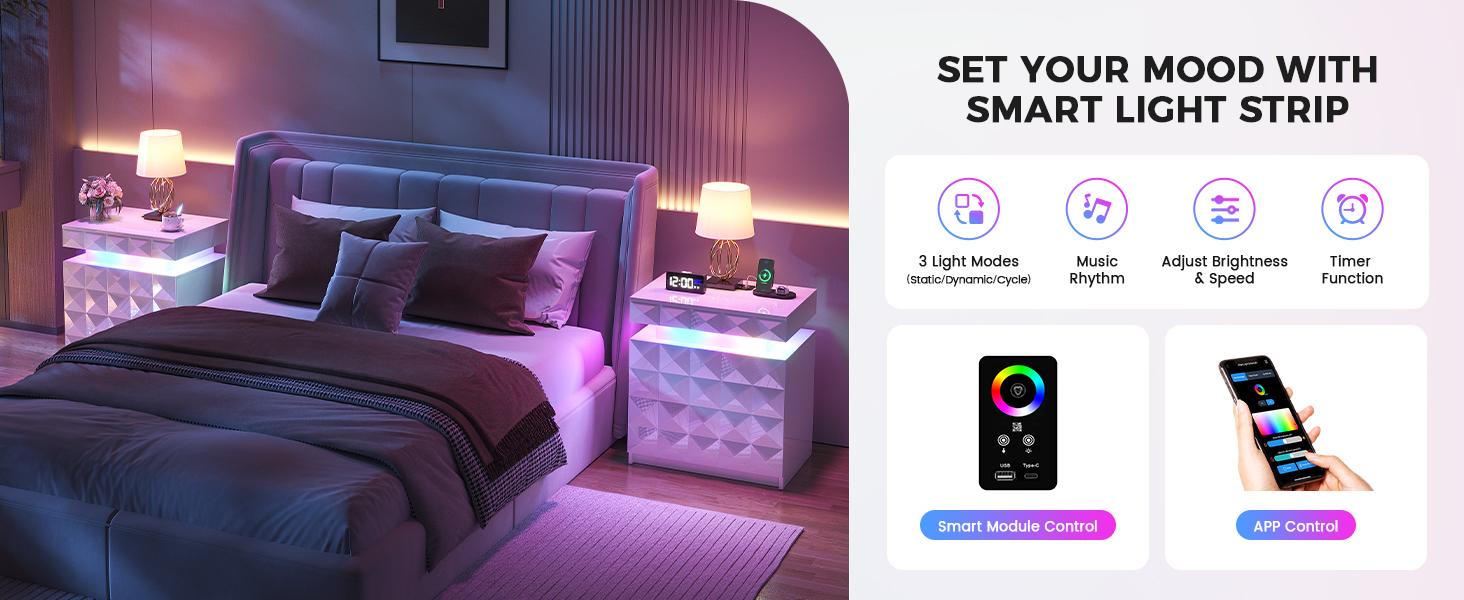 Dystler LED Nightstand Set of 2 with Charging Station,3 Drawers Night Stand with Lockable Hidden Storage,Smart Bedside Table with Human Sensor RGB Lights for Bedroom,white