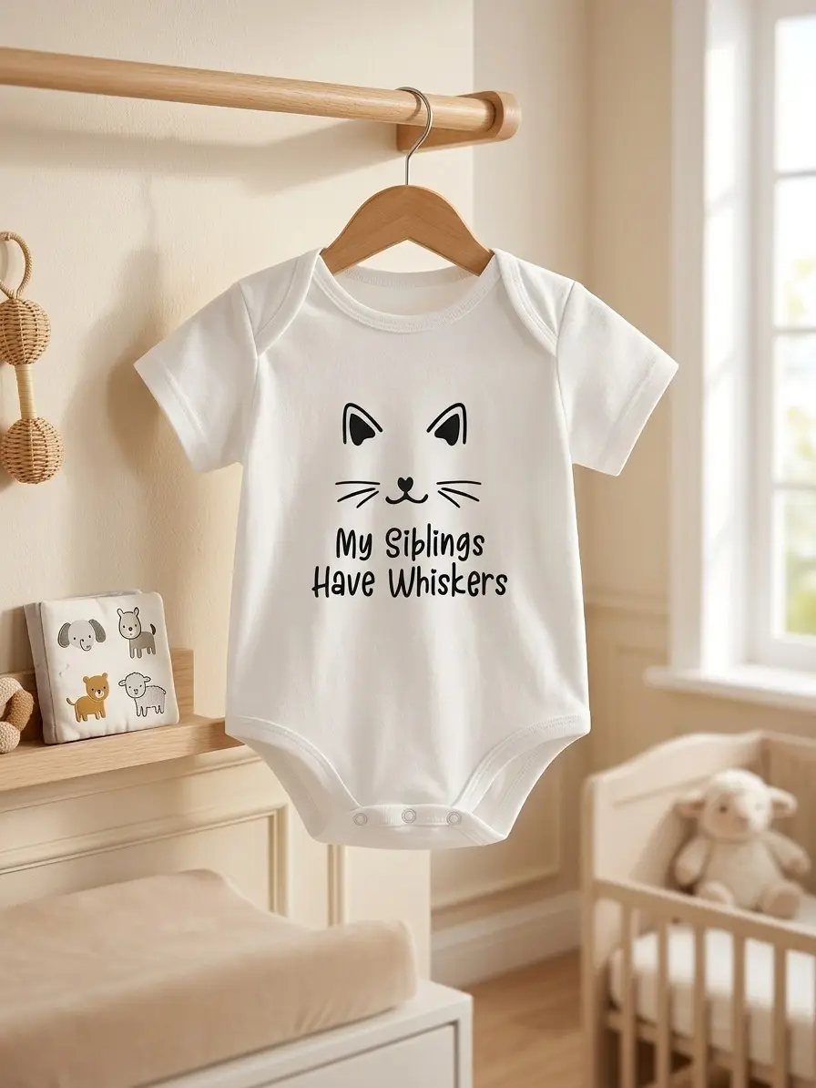 PUEMCO Baby Short‑Sleeve Bodysuit, “My Siblings Have Whiskers” Cute Cat Graphic Infant Romper Crew Neck One‑Piece Jumpsuit