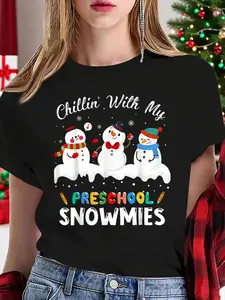100% Cotton Women T-shirt Women Christmas T-shirt Chillin' With My Preschool Snowmies Teacher Christmas T-Shirt Print Round Neck Short Sleeve T-Shirt For Women Casual, Summer, Women Top
