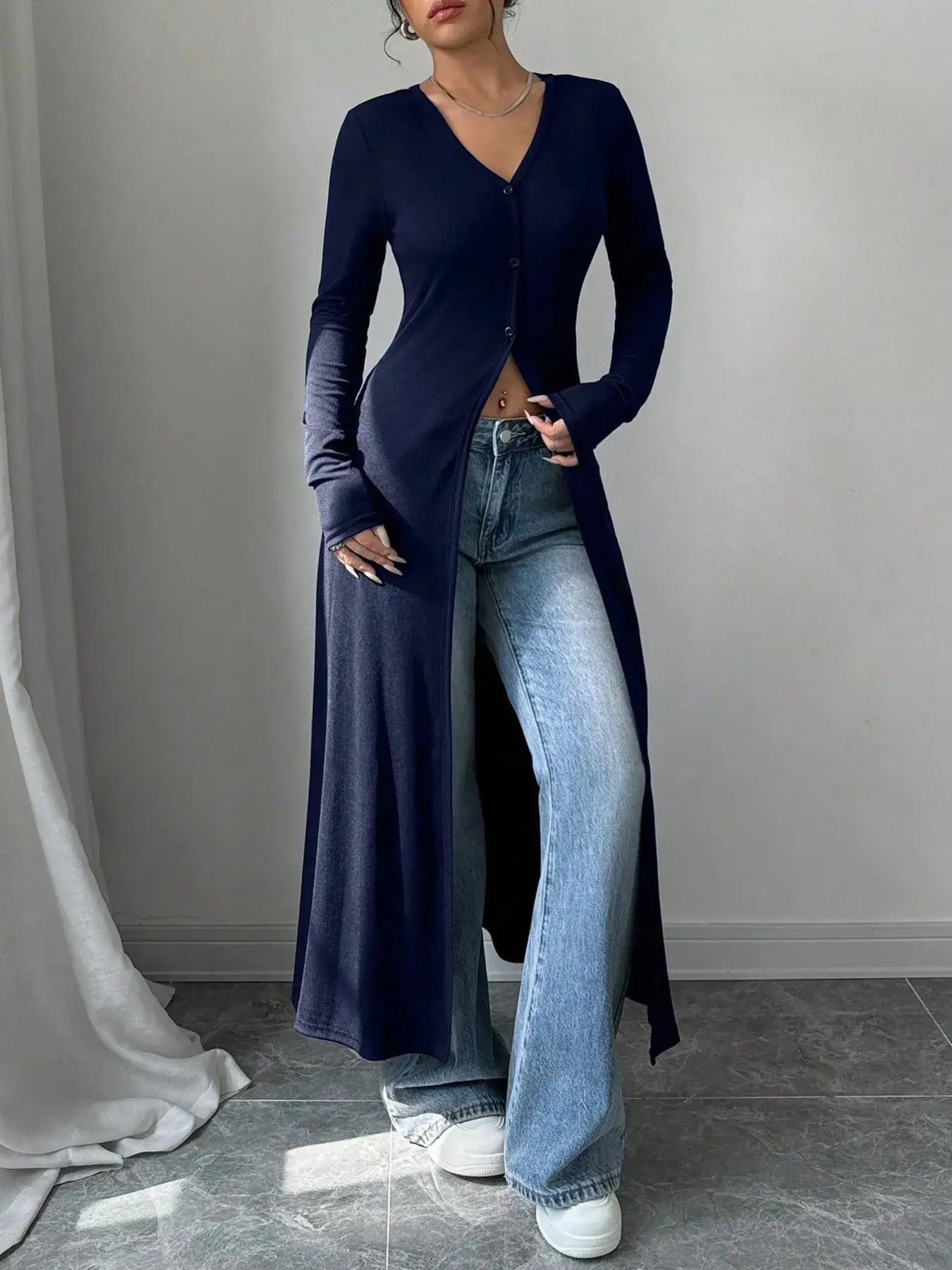 V-Neck Button-Front Longline Cardigan