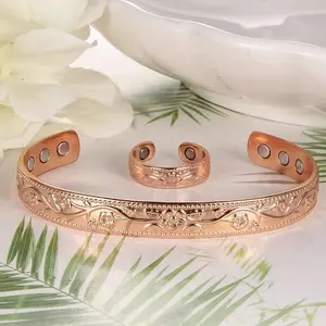 Set of 2 copper bracelets for women and a copper ring; adjustable size strength magnets; magnetic copper cuff; birthday and Christmas gift set for mom; includes an A–Z alphabet and an engagement ring (formen).