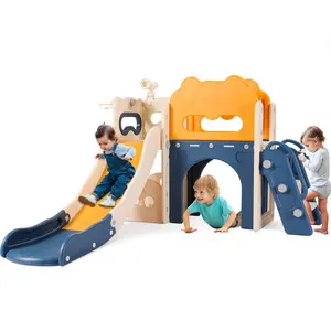 Arlopu 8-in-1 Kids Slide Playset, Toddler Slide with Climber, Indoor/Outdoor Baby Playground with Basketball Hoop, Tunnel, Telescope and Ball，Indoor Outdoor Slide for Age 3+