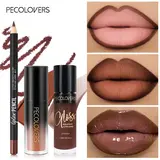 【Black Friday】3-Piece Plumping, Hydrating and Moisturizing Lip Makeup Set with Nude and Brown Liquid Lipstick, Mirror-Shine Lip Gloss and Lip Liner