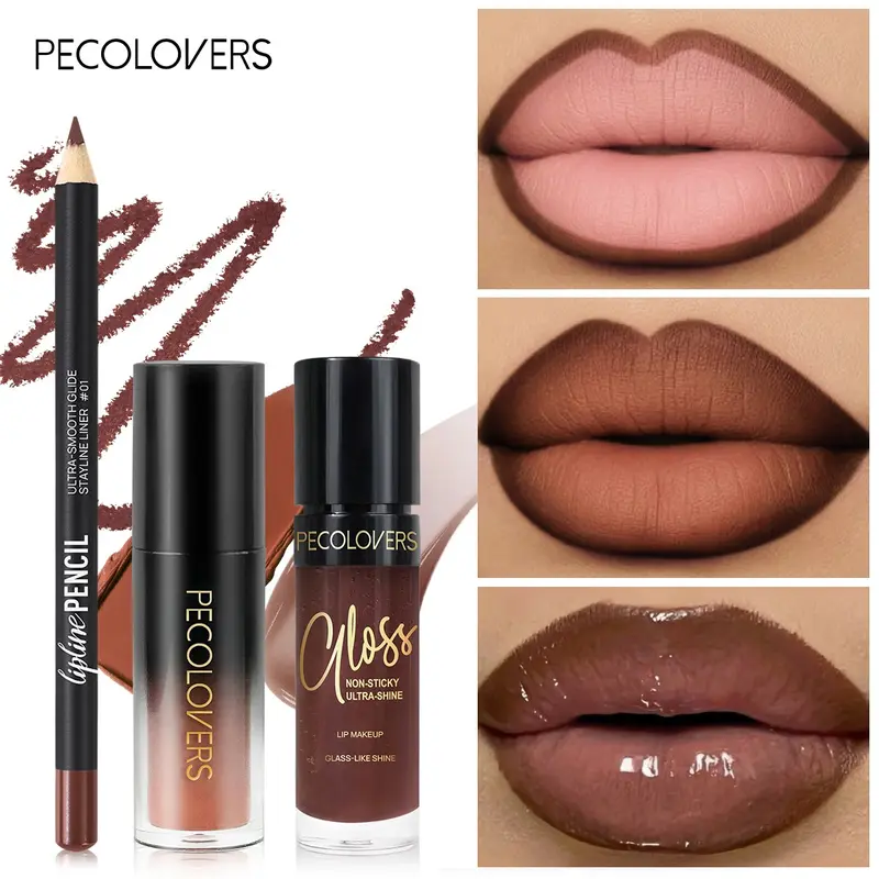 【Black Friday】3-Piece Plumping, Hydrating and Moisturizing Lip Makeup Set with Nude and Brown Liquid Lipstick, Mirror-Shine Lip Gloss and Lip Liner