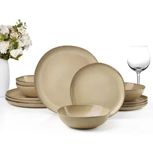 Dinnerware Sets, 12-Piece Stoneware and Set, Dish Set for 4, Dishware for Home Restaurant, Chip and Scratch Resistant, and Dishwasher Safe, Reactive Sandy Khaki