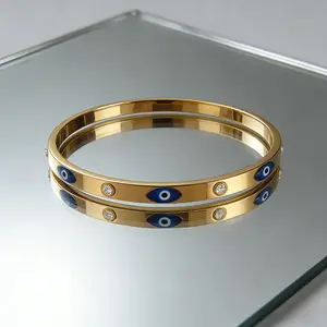 Trendy Gold Evil Eye Bangle| Waterproof Non-Fading Titanium Steel Bracelet for Women