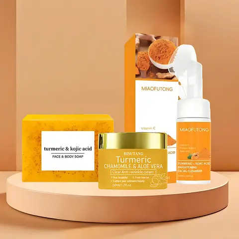 3-Step Turmeric Cleansing & Hydrating Multi-Pack - Skincare Kit with Cleansing Bar, Moisturizer Cream, Foam Mousse for Men & Women Daily Use