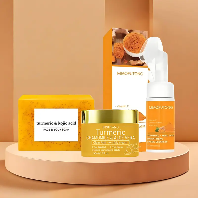 3-Step Turmeric Cleansing & Hydrating Multi-Pack - Skincare Kit with Cleansing Bar, Moisturizer Cream, Foam Mousse for Men & Women Daily Use