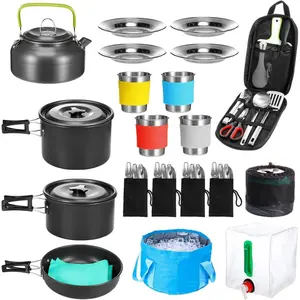 42 Pcs Camping Cookware Mess Kit, Non Stick Lightweight Pots Pan Kettle, Collapsible Water Container and Bucket, Stainless Steel Cups Plates Forks Knives Spoons for Outdoor Backpacking Picnic