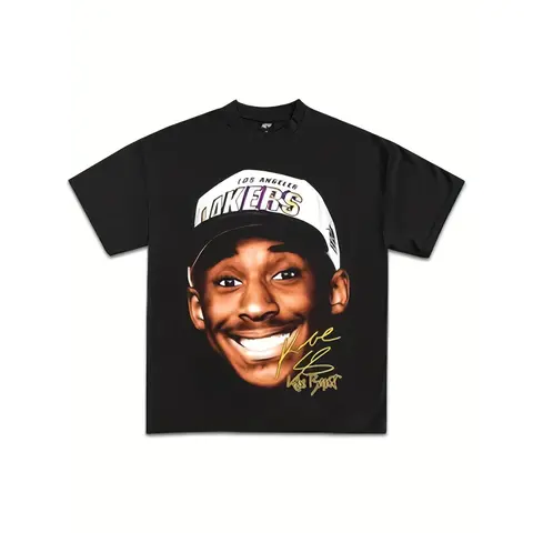 Kobe Beans High Neck Graphic T-Shirt - 220g Heavy 100% Cotton Loose Fit Single-sided Printed Commemorative Design Round Neck Short Sleeve Casual Top