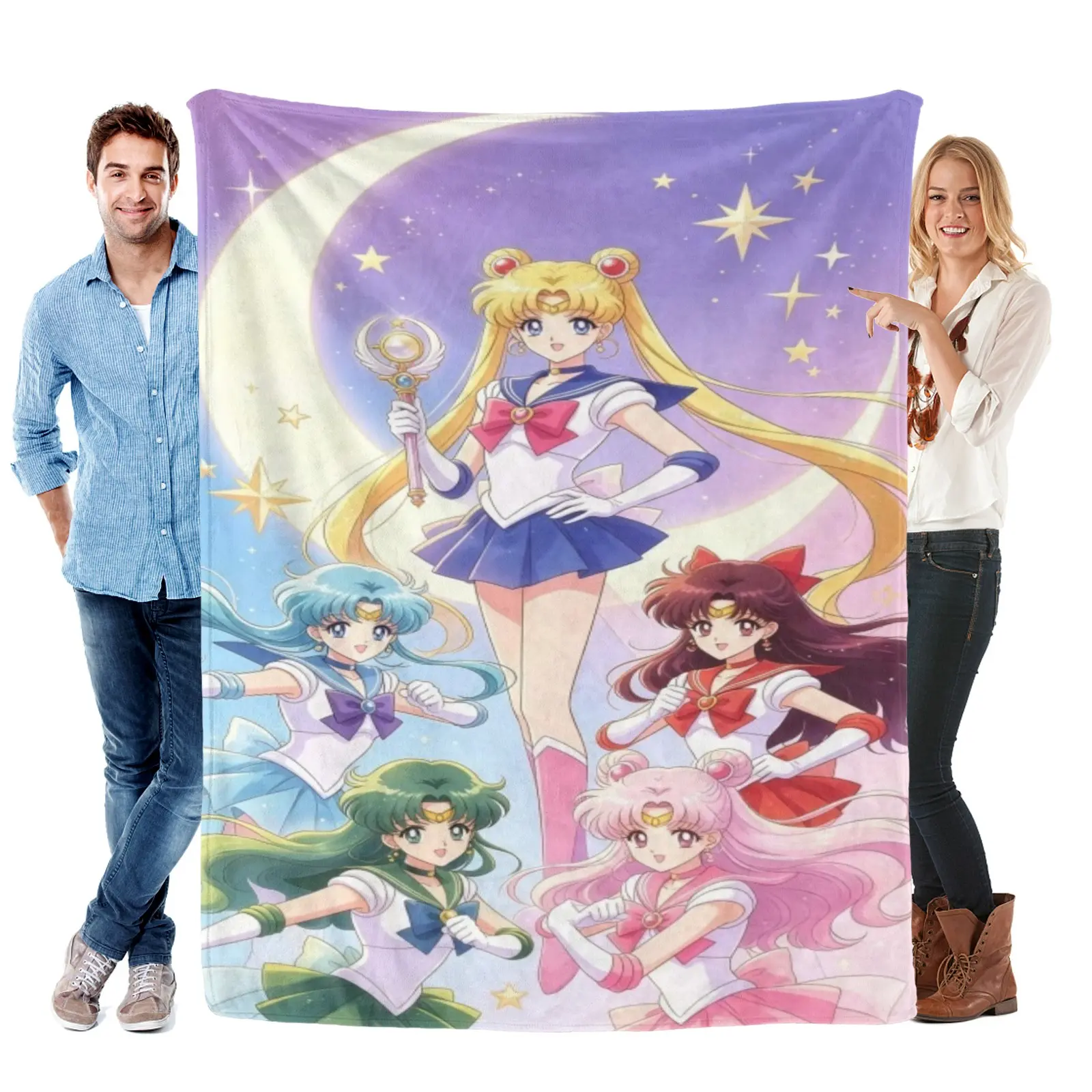 Sailor Moon Five Senshi Giant Crescent Moon Blanket,Thick Warm Anime Throw,Sailormoon Sailor Moon Merch Blanket For Teen Bedroom