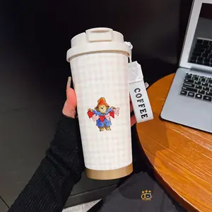 530ML/ 17.92oz Paddington Bear Holding Heart Tags Pink Gingham Pattern Print Phone CaseCoffee mug with straw and lanyard | 316 stainless steel, keeps drinks hot & cold | Portable travel & sports cup | Ideal for home and outdoor activities.