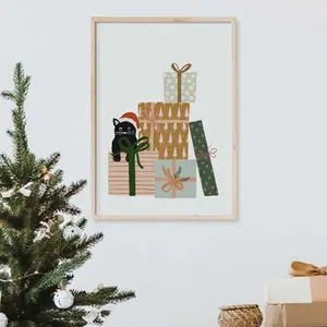 Christmas Cat Print,  Christmas Presents Print, PeekaBOO Cat Wall Art,  Cat Lover Decor, Frameless F