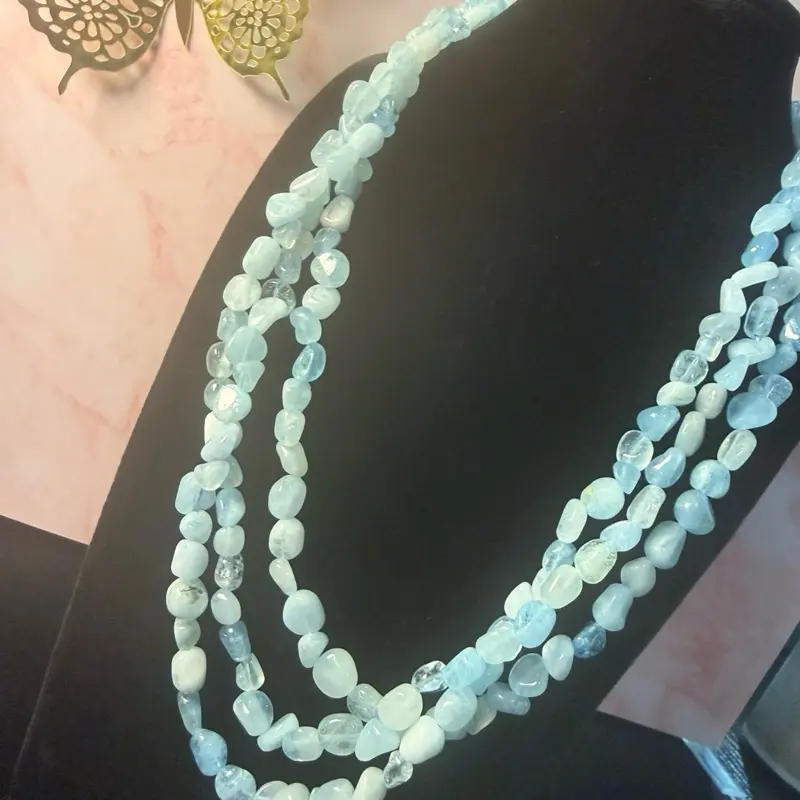 Triple Strand Aqua Blue Stone Necklace 16in Sterling Silver magnetic clasp