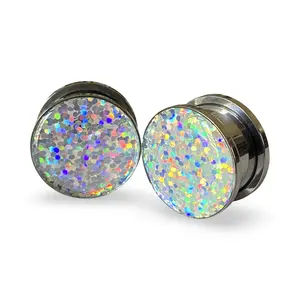 Silver Holographic Glitter Plugs gauges pair body jewelry