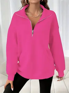 Women's Plain Basic Half Zip Drop Shoulder Sweatshirt, Casual Sporty Sweatshirt, Casual Pocket Long Sleeve Stand Collar Pullover for Fall & Winter, Women's Clothes Womenswear for Daily Wear, Casual Comfy Pullover