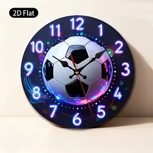 1pc 2D Flat Wall Clock | Neon Soccer Ball Design, Suitable For Living Room, Bedroom, Office, Sports Bar, Game Room Decor, Round Wooden Clock, Battery Not Included