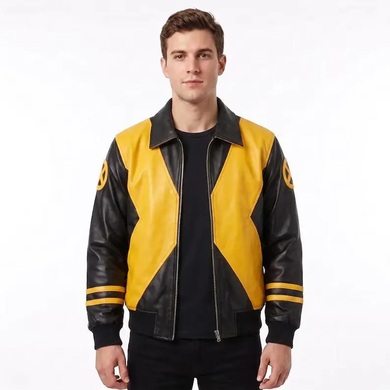 Men's Stylish Faux Leather Bomber Jacket - X-Men 97 Yellow-Black Wolverine-Inspired Handmade Zipper Windbreaker, Casual Menswear Superhero Style Unisex Comic Cosplay Outerwear, Real & Faux Leather Jackets Love Chainsaw