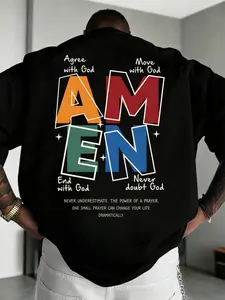Men's "AMEN" Faith Hoodie - Colorful Retro "AMEN" & Prayer Slogan Print Black Pullover, Christian Streetwear with Religious Text, Soft Fleece Lined Loose Fit Hoodie, Perfect for Church, Street Style, Casual, and Fall/Winter Wear, Durable Fade Resistant