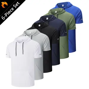 Men’s quick-dry fitness T-shirt for workouts and running, short-sleeve hooded design, lightweight breathable fabric, men’s short-sleeve T-shirt with kangaroo pocket