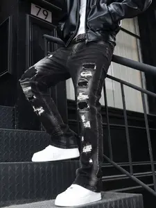Men's Washed Multi-Layer Ripped Jeans, Slim-Fit Mid-Waist Denim Jeans, Fashionable Streetwear for All Seasons