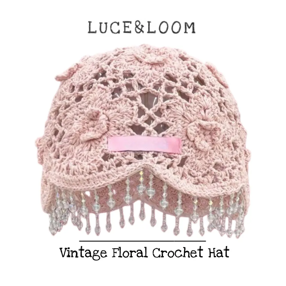 LUCE&LOOM Women's Handmade Crochet Floral Polyester Cap - Sparkle Bead Coquettecore Hat for Birthday, Graduation, Daily Wear (Summer Beach, Business Occasions), Everyday, Casual, Female, Party, Sparkle Beads, Prom, School
