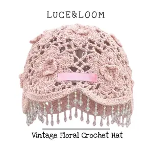 【【LUCE&LOOM】Women's Handmade Crochet Floral Polyester Cap - Coquette Summer Beach Hat with Sparkling Beaded