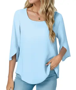 ZEAGOO DealsForYouDays  Womens 2025 Summer Casual Square Neck Loose Tunic Top for Leggings 3/4 Sleeve Chiffon Blouse