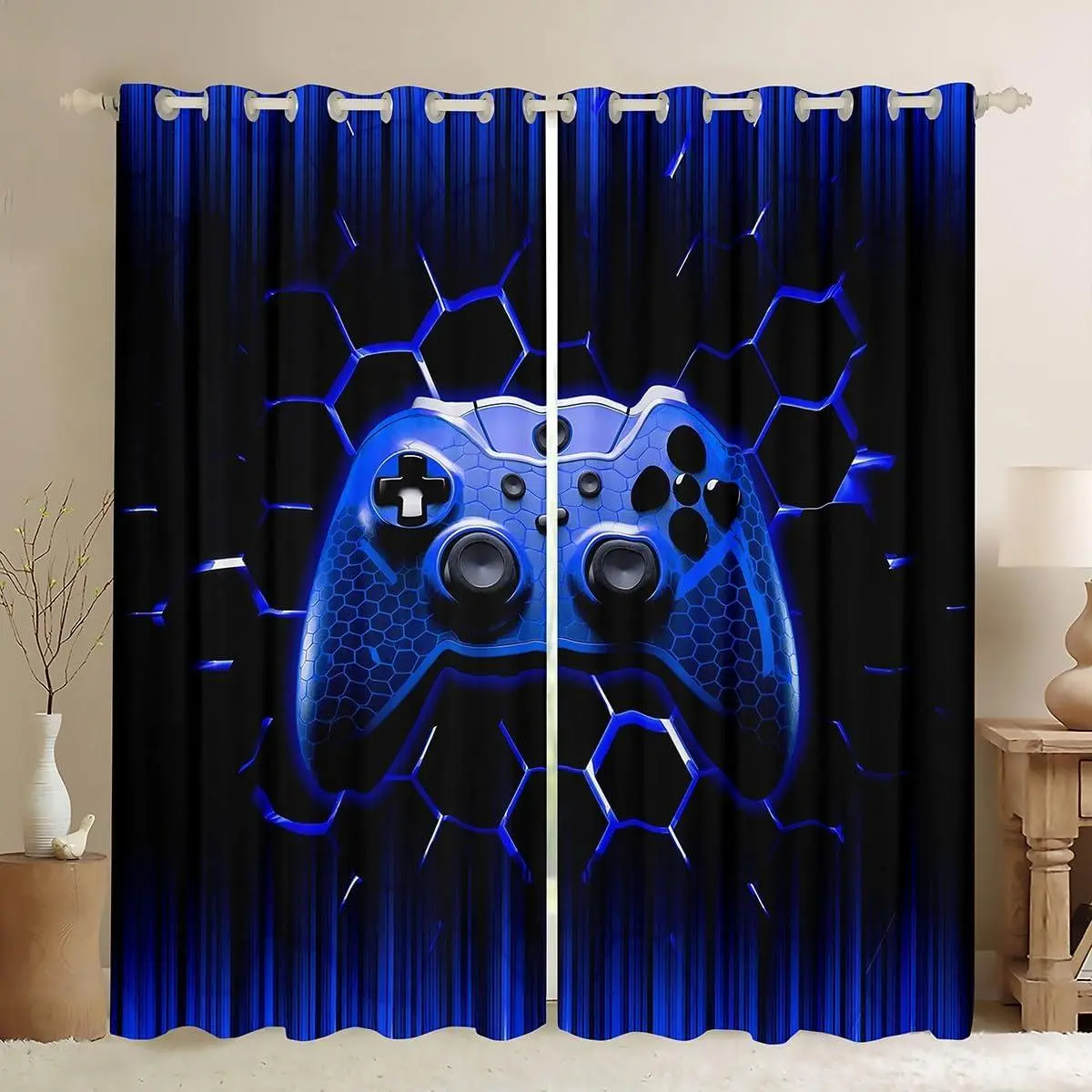 Honeycomb Gamepad Blackout Curtains Blue Geometric Game Controller Window Drapes for Kids Boys Teen,Modern Gamer Window Treatments Grommet Top 2 Panel Set,Curtains