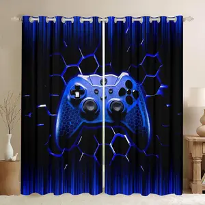 Honeycomb Gamepad Blackout Curtains Blue Geometric Game Controller Window Drapes for Kids Boys Teen,Modern Gamer Window Treatments Grommet Top 2 Panel Set,Curtains