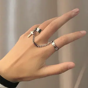 2pcs Chain Cross Combination Ring Set, Punk Style Integrated Ring, Open Adjustable Ring