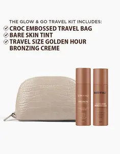Bare It All Skin Glow & Go + The Croc Bag - Travel Beauty Kit - 3 Piece Set - Golden Hour Bronzing Crème 50 ml, Bare Skin Tint 50 ml & Vegan Leather Croc Bag - Hydrating Glow, Sheer Coverage & Glass Skin Finish - For Face, Neck & Body