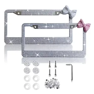 2 Pack Bling License Plate Frame, Rhinestone Premium Stainless Steel License Plate Frame, Facets Clear Color Rhinestone Crystal, Girly Car Accessories-R