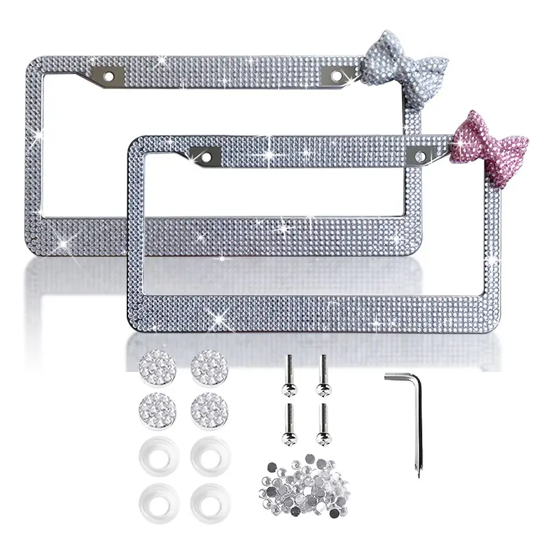 2 Pack Bling License Plate Frame, Rhinestone Premium Stainless Steel License Plate Frame, Facets Clear Color Rhinestone Crystal, Girly Car Accessories-R