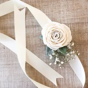 Ivory Wood Flower Wrist Corsage with a White Rose, Dried Babies Breath, and Green Leaves, Simple Design for Versatile Use