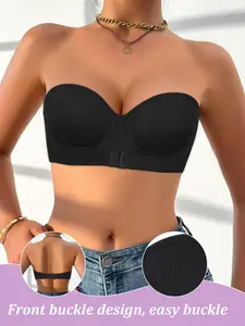 Women's strapless push-up bra with front closure and underwire design, enhances bust shape, suitable for everyday wear.