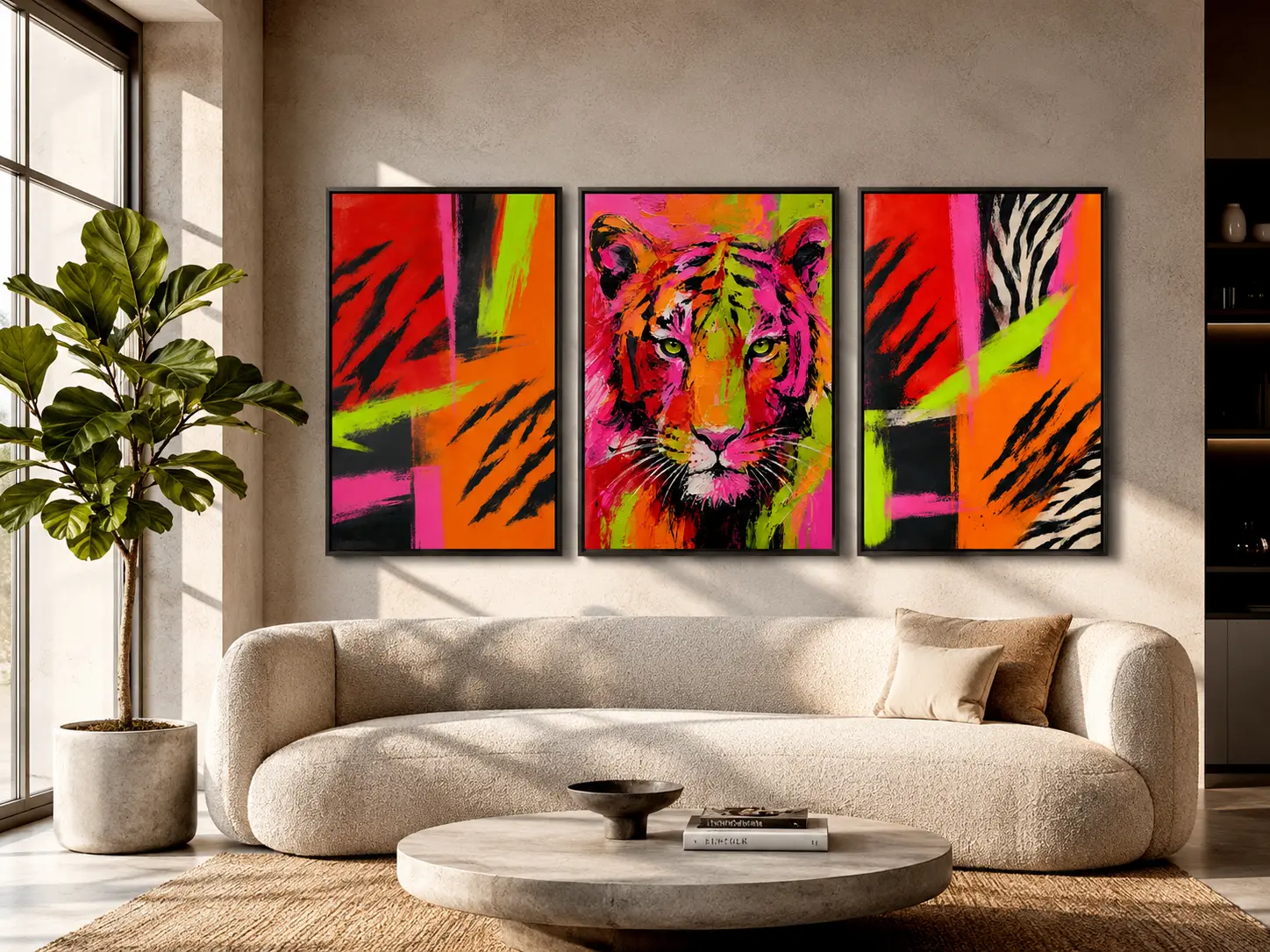 Electric Jungle Canvas Set: 3-Piece Abstract Tiger Wall Art